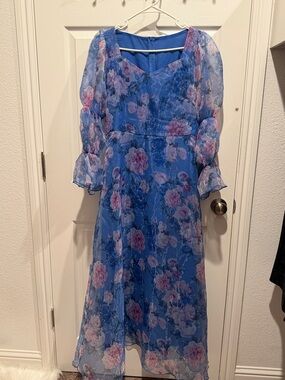 Blue Floral Chiffon Midi Dress with Puff Sleeves